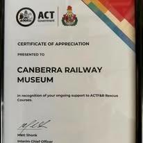 We are delighted that Canberra Railway Museum has been recognised by ACT Fire and Rescue for our continuing support of their regular training days! 